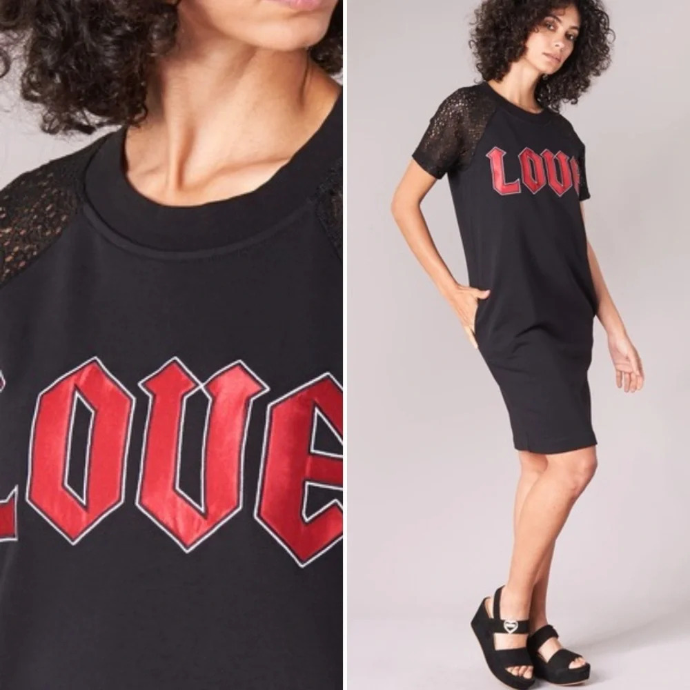 Love Moschino Black Sweatshirt dress love satin patch lace short sleeves Size 8
